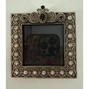 Vintage‎ Ornate Rhinestone Photo Frame Gold Tone Filigree Black Accent 3x3